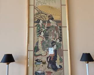 Japanese Geisha Woodblock Print in Gilt Frame