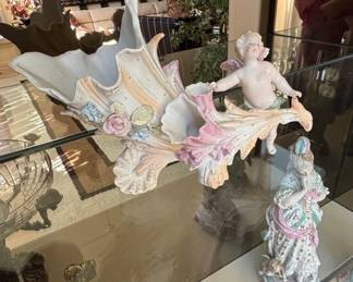 Dresden Style Porcelain Cherub with Cornucopia Centerpiece