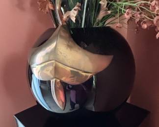 Black Lacquer and Brass Vase with Floral Motif