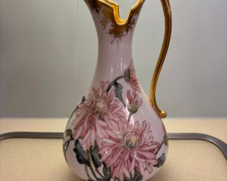 Hand-Painted Porcelain Pitcher with Floral Motif and Gilded Accents