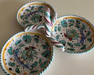 Italian Majolica Ceramic Tidbit Dish with Rooster Motif - Deruta Style