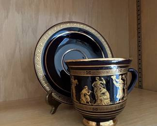 Handmade in Greece 24K Gold Trimmed Cobalt Blue Coffee Cup and Saucer Set