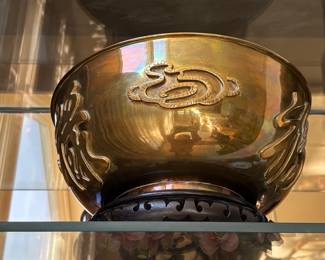 Vintage Brass Dragon and Cloud Motif Bowl with Carved Wooden Stand