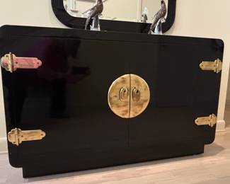 Black Lacquer Chinoiserie Credenza with Brass Hardware