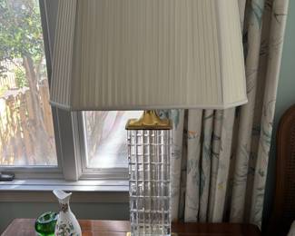 Pair of Mid-Century Modern Crystal and Brass Table Lamps with Pleated Silk Shades