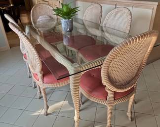 Vintage Faux Bois Rattan Dining Set with Glass Top