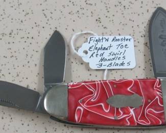 Fight'N Rooster Elephant Toe Knife w/Red Swirl Handles