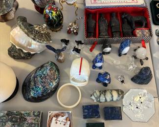 Mother of pearl shell, lapis jewelry box, marble figures, Swarovski crystal figures 