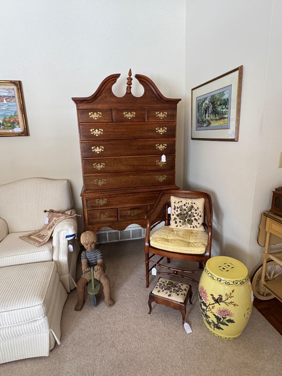 Garden stool, upholstered chair, cane desk chair, dresser, statue, needlepoint footstool, art