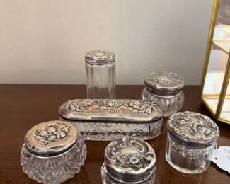 Antique Sterling Silver & Cut Crystal Vanity Set