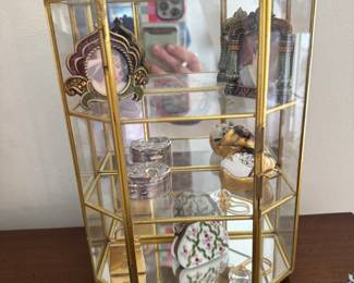 Brass and Glass miniature cabinet with collectibles