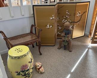 Asian Screen, Ceramic Garden Stool, Cane Seat Stool, Collectible Statue