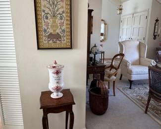 Needlepoint Artwork, Side Table, Italian Pharmacy Jar