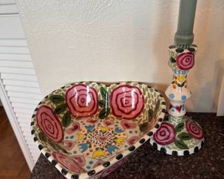 Hand Painted Heart Bowl and Candlestick