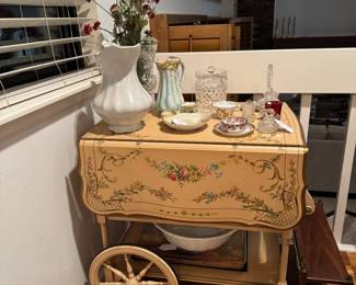 Painted Tea Cart adn Glass Vases, Candy Dish