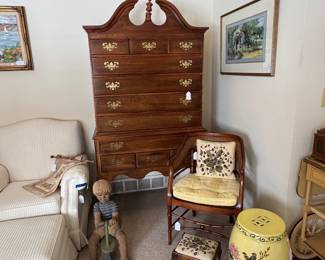 Garden stool, upholstered chair, cane desk chair, dresser, statue, needlepoint footstool, art