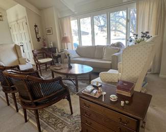 Living Room Furniture, including cane barrel chairs and pair of wing chairs