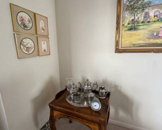 Side Table, Pewter Tea Set, Framed Art