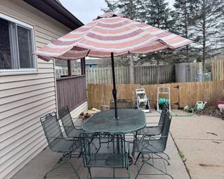 Vintage Woodard Style Wrought Iron Patio Dining Set with Umbrella