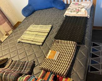 Assorted Handmade Rag Rugs and Blue Lumbar Pillow