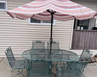 Vintage Woodard Style Wrought Iron Patio Dining Set with Umbrella