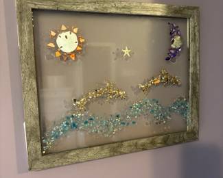 Framed Resin Beach Scene Art with Sand Dollar, Shells, and Crushed Glass