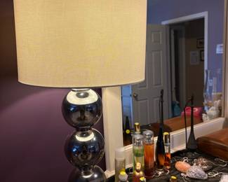 George Kovacs Style Chrome Stacked Ball Table Lamp with Drum Shade