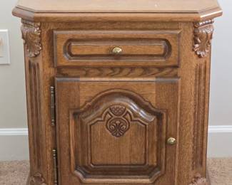 Vintage Oak Nightstand with Carved Accents and Octagonal Top