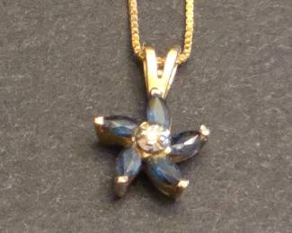 10k Gold Sapphire and Diamond Flower Pendant Necklace