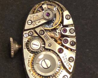 Bulova Art Deco Diamond and Emerald 14K Gold Watch 