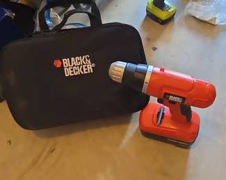 Black  Decker V Cordless Drill with Carrying Case and Ryobi V Cordless Drill
