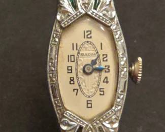 Bulova Art Deco Diamond and Emerald K Gold Watch