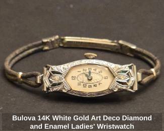 Bulova 14K White Gold Art Deco Diamond and Enamel Ladies Wristwatch