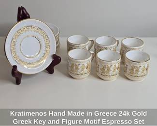 Kratimenos Hand Made in Greece k Gold Greek Key and Figure Motif Espresso Set