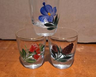 HandPainted Floral and Pinecone Shot Glasses Set of 