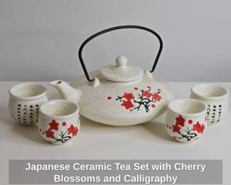 Japanese Ceramic Tea Set with Cherry Blossoms and Calligraphy
