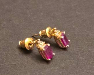 14k Yellow Gold EmeraldCut Ruby and Diamond Stud Earrings