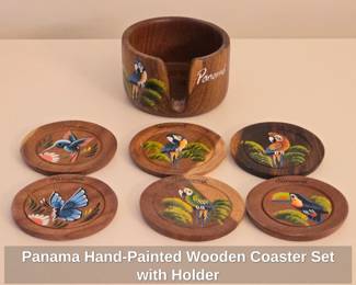 Panama HandPainted Wooden Coaster Set with Holder