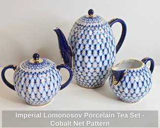 Imperial Lomonosov Porcelain Tea Set  Cobalt Net Pattern