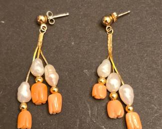 14k Gold Dangle Earrings with Carved Coral Tulips and Baroque Pearls