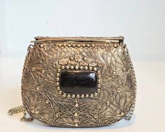 Vintage Indian Filigree Metal Evening Clutch with Onyx Stone