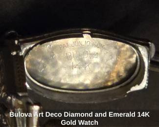 Bulova Art Deco Diamond and Emerald 14K Gold Watch 