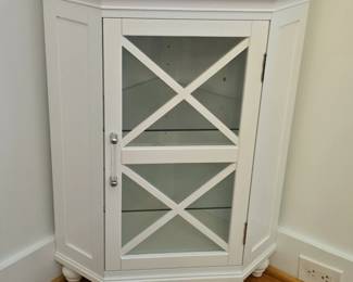 White Corner Cabinet with Glass Door and X Panes