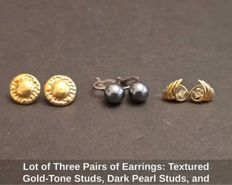 Lot of Three Pairs of Earrings Textured GoldTone Studs, Dark Pearl Studs, and Abstract CZ Studs