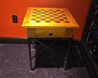 Vintage Wooden Chess Table with Drawer and Metal Legs second image