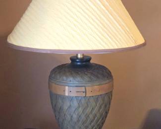 Woven Rattan Urn Table Lamp with Leather Belt Accent