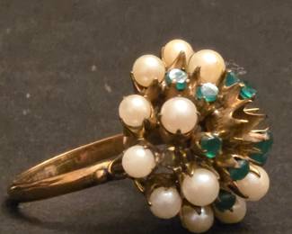 Victorianera Pearl and Emerald Cluster Ring 