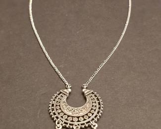 Bohemian Style Crescent Moon Pendant Necklace with Feather Charms  Oxidized Silver Tone second image