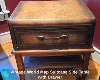 Vintage World Map Suitcase Side Table with Drawer