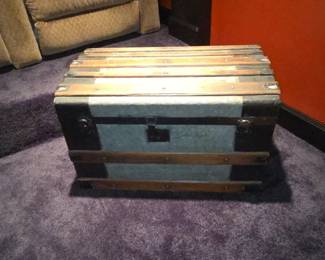 Antique Dome Top Steamer Trunk with Embossed Tin and Wood Slats second image